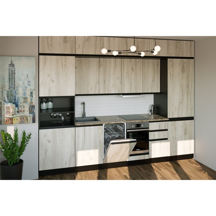 Кухня трёхуровневая под потолок «Равенна люкс», со столешницей, 3000×600 мм, цвет венге/алмабра тёмная/дуб браун