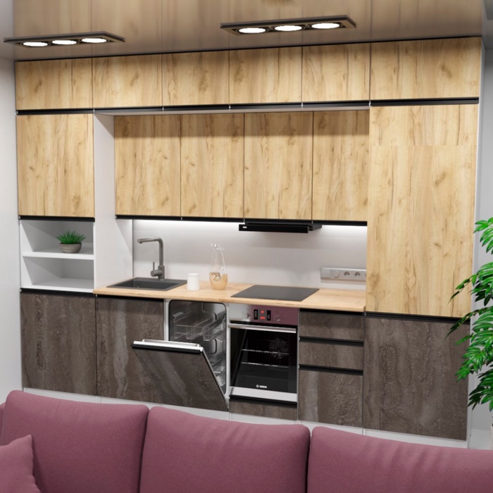 Кухня трёхуровневая под потолок «Сапфир 2 экстра», 3000×600 мм, цвет белый/дуб бунратти/дуб золотой/бетон тёмный